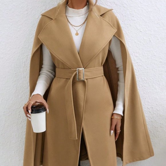. Jackets & Blazers - Khaki Preppy Womens Cloak Sleeve Belted Cape Coat